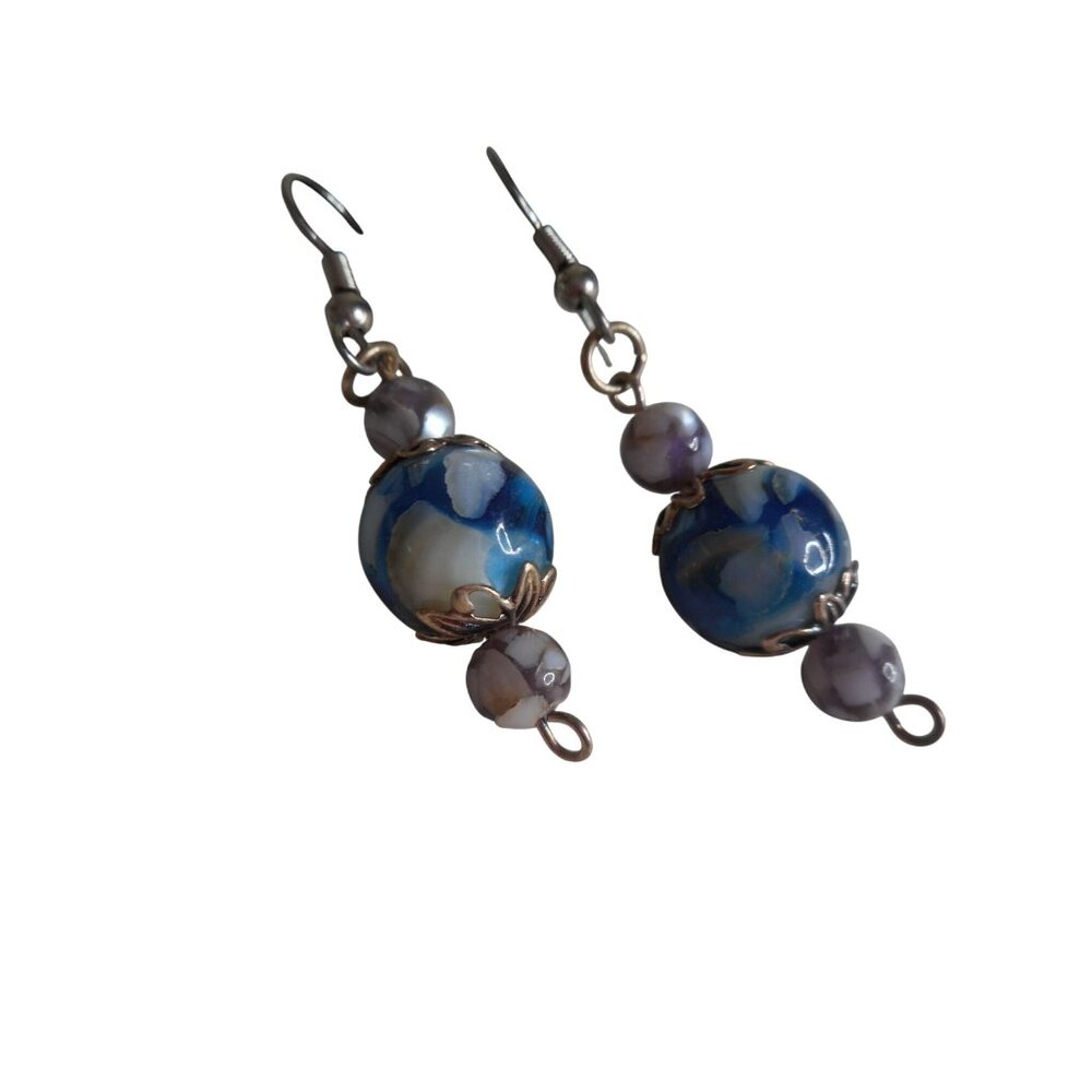 Dangle Bead Earrings blue purple with gold accents  on silver wire
